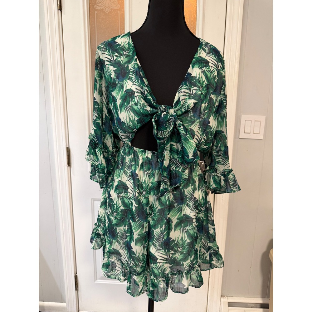 Tropical Leaf Print Tie Front Cutout Romper Green White Ruffle Trim Summer